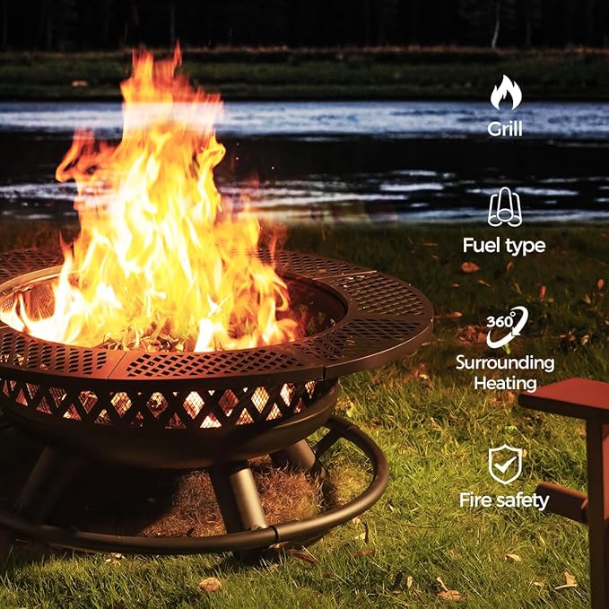 42 Inch Outdoor Fire Pit with Grill, Large Firepit Table for Outside, Metal Round Firepits with Lid&Fire Poker,3 in 1 Wood Burning Fire Pits & Outdoor Fireplaces for Backyard,Patio(42'' Black)