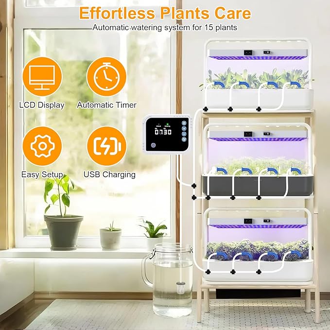 LED Grow Light with Automatic Watering System for Indoor Plants, Full Spectrum Plant Light with Remote Control, Stepless Dimmable Growing Lamps with 3 Lighting Modes for Seedlings Veg Bloom