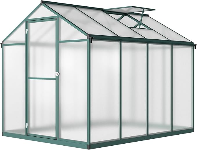 Greenhouse for Outdoors 8 x 6.25 Ft, Polycarbonate Greenhouse with Lock, Roof Windows Vent and Rain Gutter, Aluminum Large Walk-in Green Houses, for Patio Garden Backyard Outside, Green