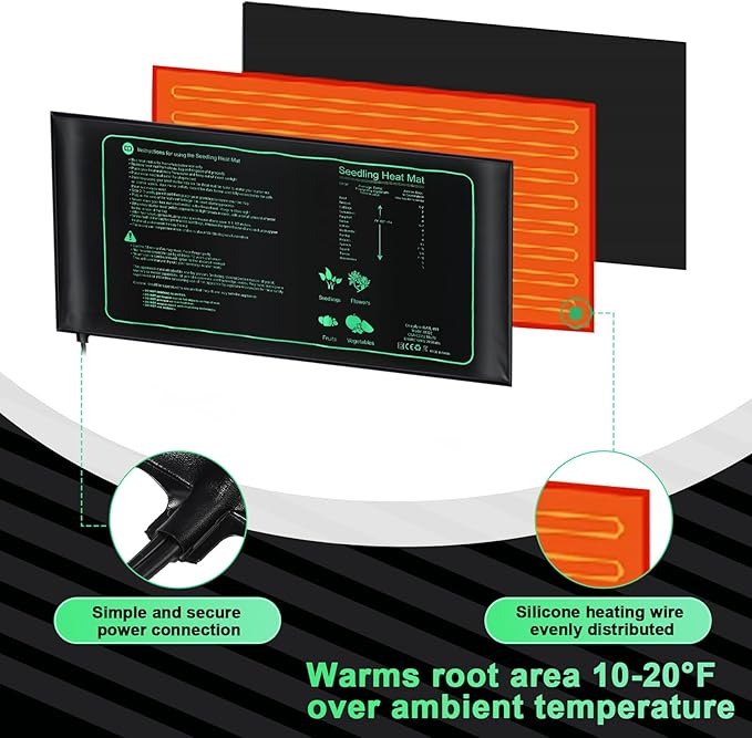 ROCEEI 16 Pack Durable Seedling Heat Mat 10 x 20.75 Waterproof Plant Heating Pad Warm Hydroponic Grow Mat for Greenhouse Grow Seed Starting Plant Germination (Black,Green)