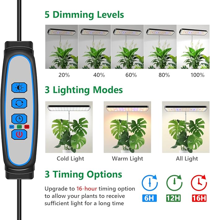 Plant Lights for Indoor Growing, Full Spectrum Grow Light 3 Pack with Base, 26 Inch Height Adjustable LED Grow Lamp with 6/12/16H Timer, 5 Dimming Levels, Ideal for Seeds Starting