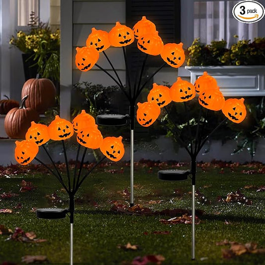 Set of 3 Halloween Pumpkin Lights Outdoor Solar Pathway Lights with 18 Cool White LEDs for Garden Yard Lawn Patio Decorations