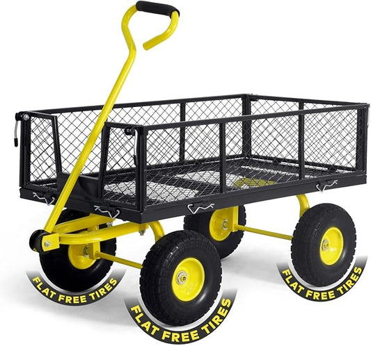 CAPHAUS Metal Black Garden Cart, w/ 180° Adjustable Yellow Handle, w/Mat and Strap, Heavy Duty 880 lbs Capacity, w/ 10” Flat-Free Tires, Sides Removable, Utility Wagon, Lawn Cart, for Garden, Yard
