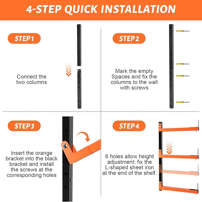 27" Lengthened Lumber Storage Rack Wall Mount, 6-Hole Adjustable Wood Organizer Folding Lumber Storage Metal Rack Outdoor Indoor (2 Pack)