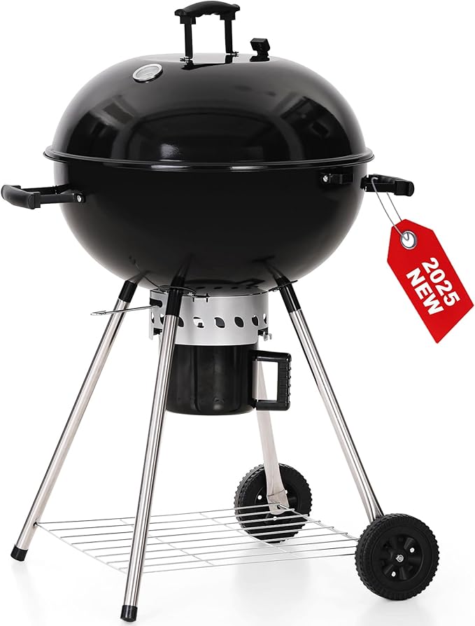 GREEN PARTY 22 inch Kettle Charcoal BBQ Grill with Wheels, Portable Charcoal Grill with Porcelain-Enameled Lid & Ash Catcher for Outdoor Cooking Barbecue Camping Picnics Tailgating, Black