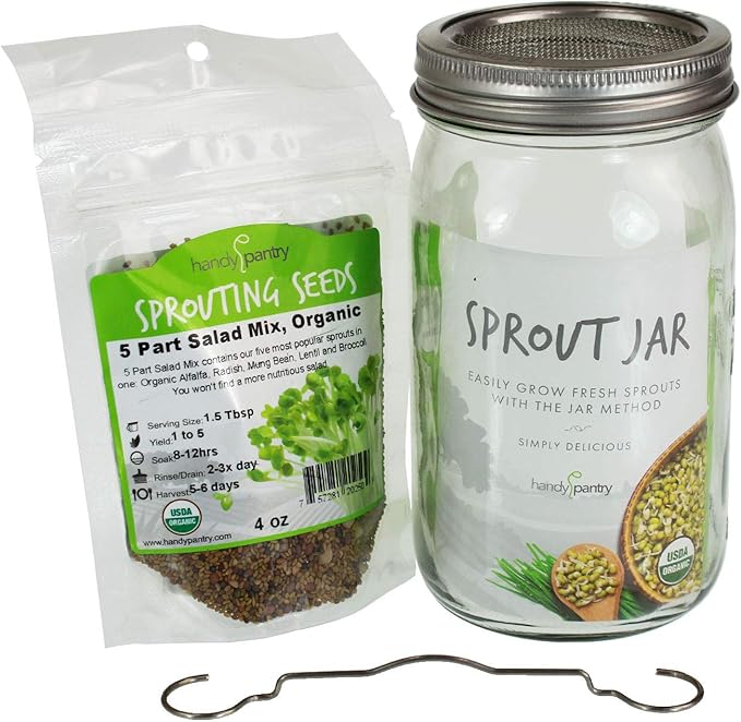 Complete Sprouting Jar Lid Kit With Seeds | Includes Wide Mouth Quart Jar, 316 Stainless Sprouting Ring With Mesh Strainer, Sprouting Stand, And Handy Pantry Sprouting Seeds