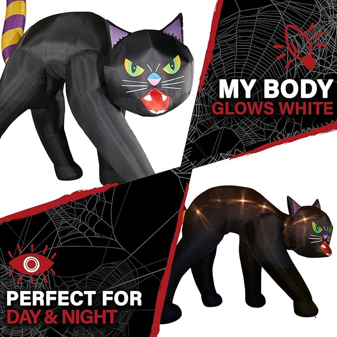 Haunted Hill Farm 9.8 Ft. Halloween Cat Blow Up with LED Lights, Giant Inflatable Yard Decor for Home, Haunted House, Black Cat with Spooky Green Eyes, Festive Outdoor Decorations for Patio and Yard