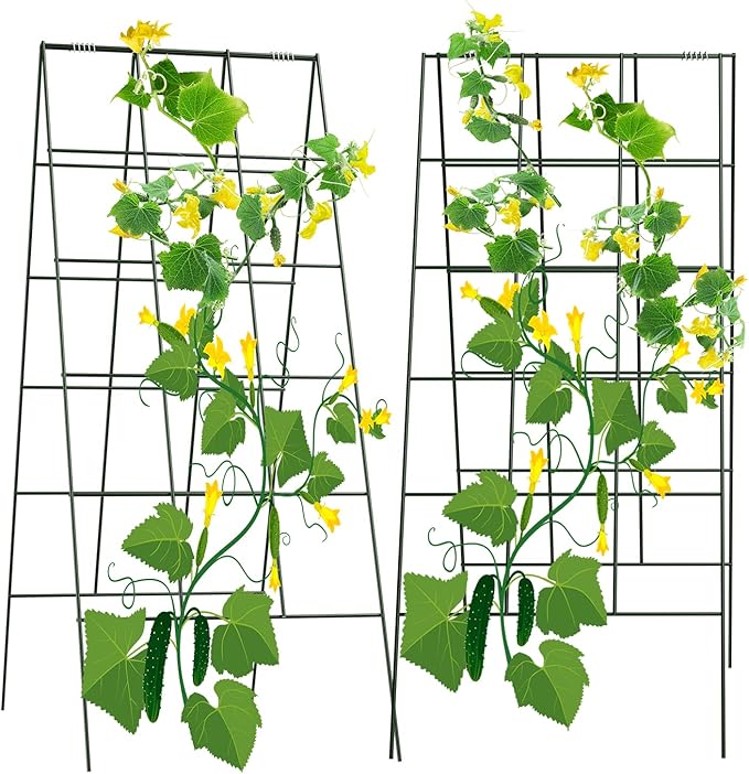 AGTEK 2 Packs 18" x 46" Foldable Cucumber Trellis with Zip Ties Plant Support A Frame Metal Trellis for Cucumber, Climbing Plants, Vegetable Flowers