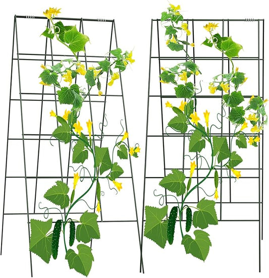 AGTEK 2 Packs 18" x 46" Foldable Cucumber Trellis with Zip Ties Plant Support A Frame Metal Trellis for Cucumber, Climbing Plants, Vegetable Flowers