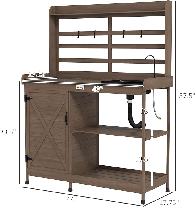 Outsunny Outdoor Wooden Potting Bench Table with Sink and Water Tap, Garden Workstation with Storage Cabinet, Storage Shelves for Backyard, Patio, Balcony, Dark Brown