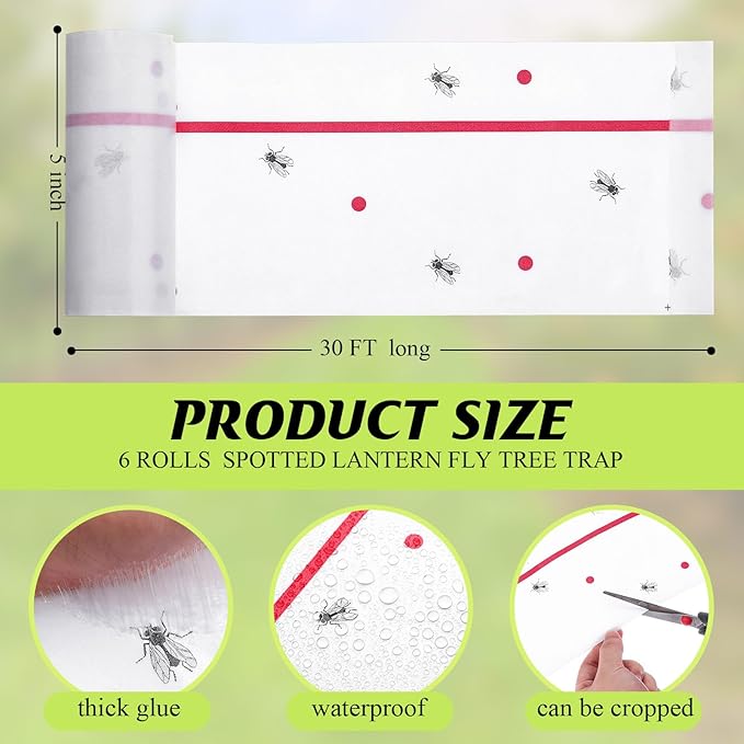 Qualirey 6 Rolls Spotted Lantern Fly Traps 30 Feet Each Roll Fly Tree Trap Sticky Strips Outdoor Fruit Glue Strips Disposable Tape Indoor Paper Sheets for Protecting Trees(White)
