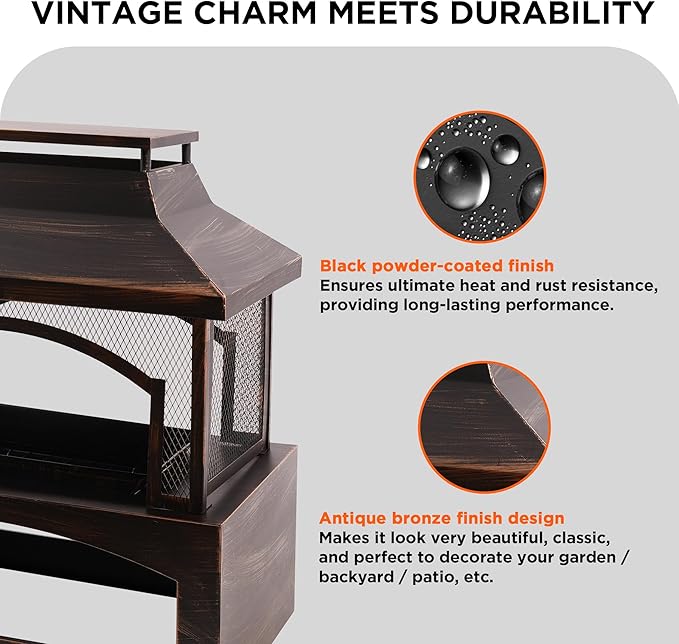 Red Mountain Valley 37in Outdoor Wood Burning Fireplace, Large Outdoor Fire Pit with Log Grate and Poker, Chimney Outside Fireplace with Firewood Racks Storage for Patio, Garden and Backyard