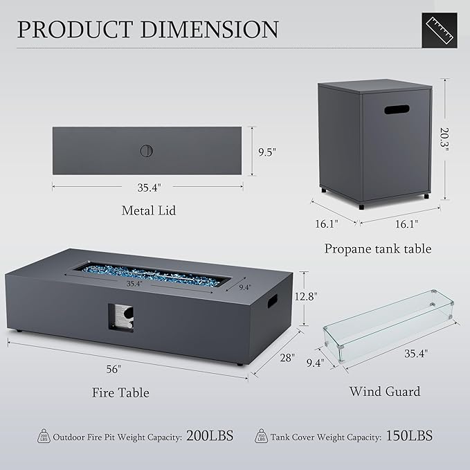 UPHA 56-inch Outdoor Propane Gas Fire Pit Table 50000 BTU Iron Rectangle Firepit for Outside Patio with Tank Hidden Table, Wind Guard, Removable Lid, Blue Glass Rocks, Rain Cover, Dark Grey