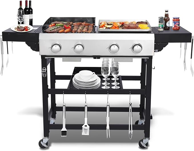4-Burner Propane Gas Grill and Griddle Combo | 38200BTU Stainless Steel Outdoor BBQ with Side Shelves & Wheels, Cabinet Style Cart (Includes 2 Grill Grates & 2 Flat Top Griddles)
