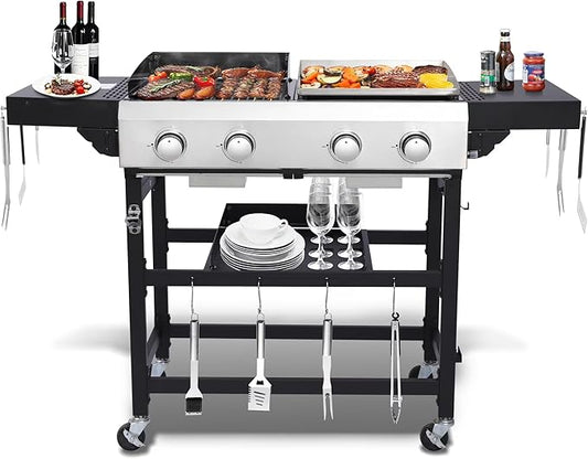 4-Burner Propane Gas Grill and Griddle Combo | 38200BTU Stainless Steel Outdoor BBQ with Side Shelves & Wheels, Cabinet Style Cart (Includes 2 Grill Grates & 2 Flat Top Griddles)