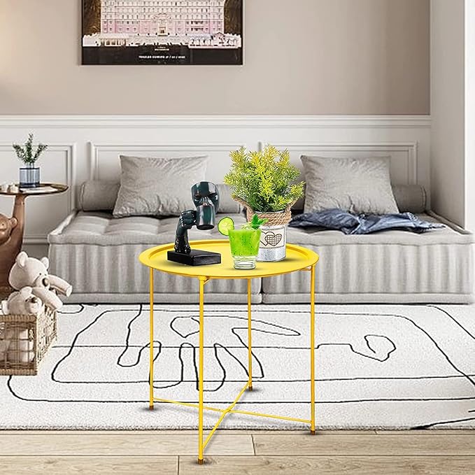Garden 4 you End Table 2 PCS Metal Side Table Yellow Round Folding Tray Cyan Sofa Small Accent Fold-able Table, Round End Table Tray, Next to Sofa Table, Snack Table for Living Room and Bed Room