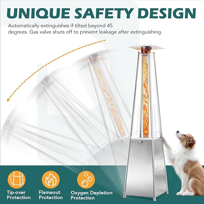 48,000 BTU Flame Pyramid Pool Heater, Stainless Steel Triple Safety Protection Patio Heater with Patio Cover, Warm Glass Tube Portable with Durable Wheels-Stainless Steel Color