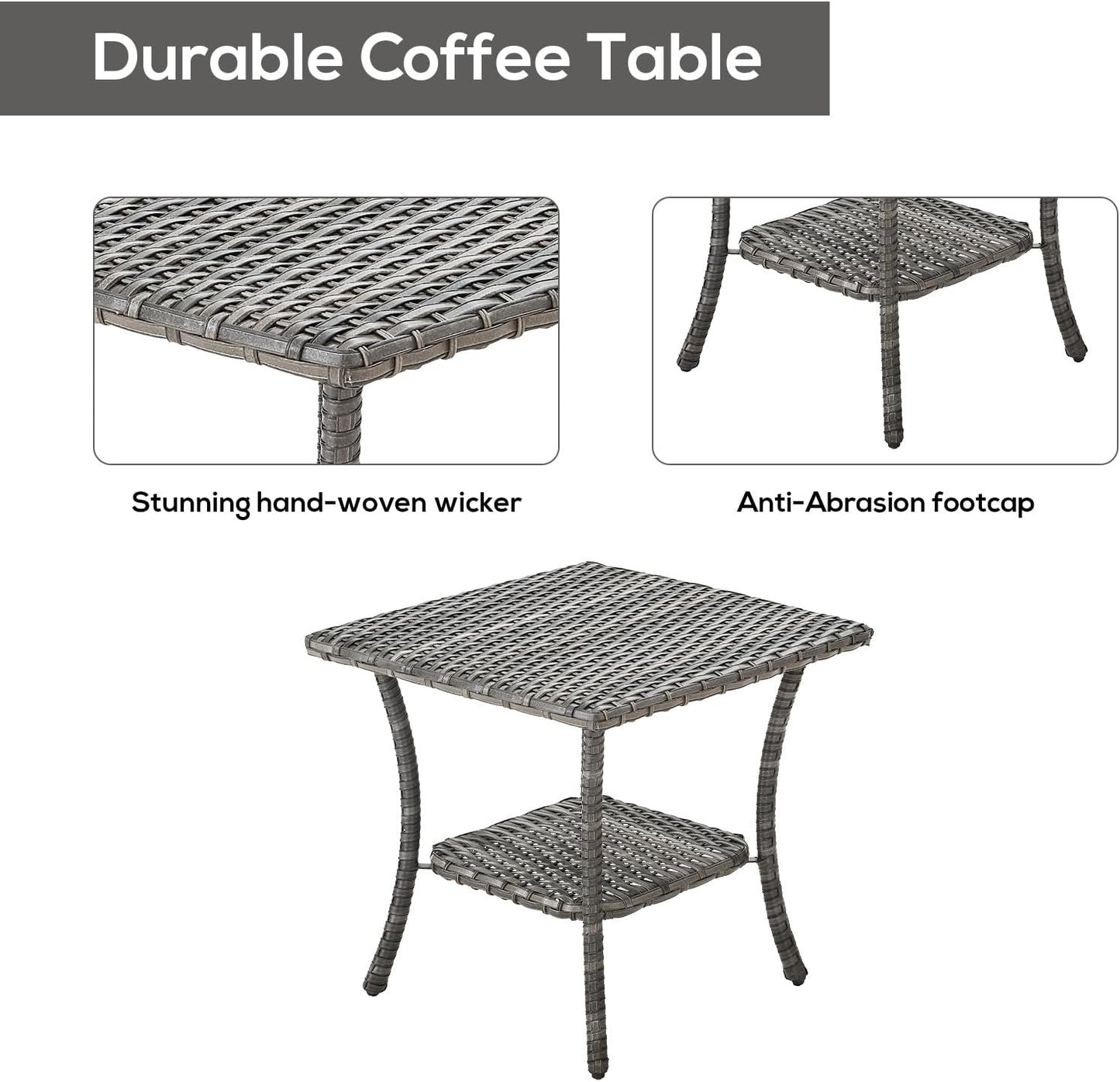 Patio Tables Outdoor Coffee Table - Wicker Rattan Side Tables with 2-Tier Storage Shelf End Table for Porch Deck Balcony Garden Outside Square Mixed Grey