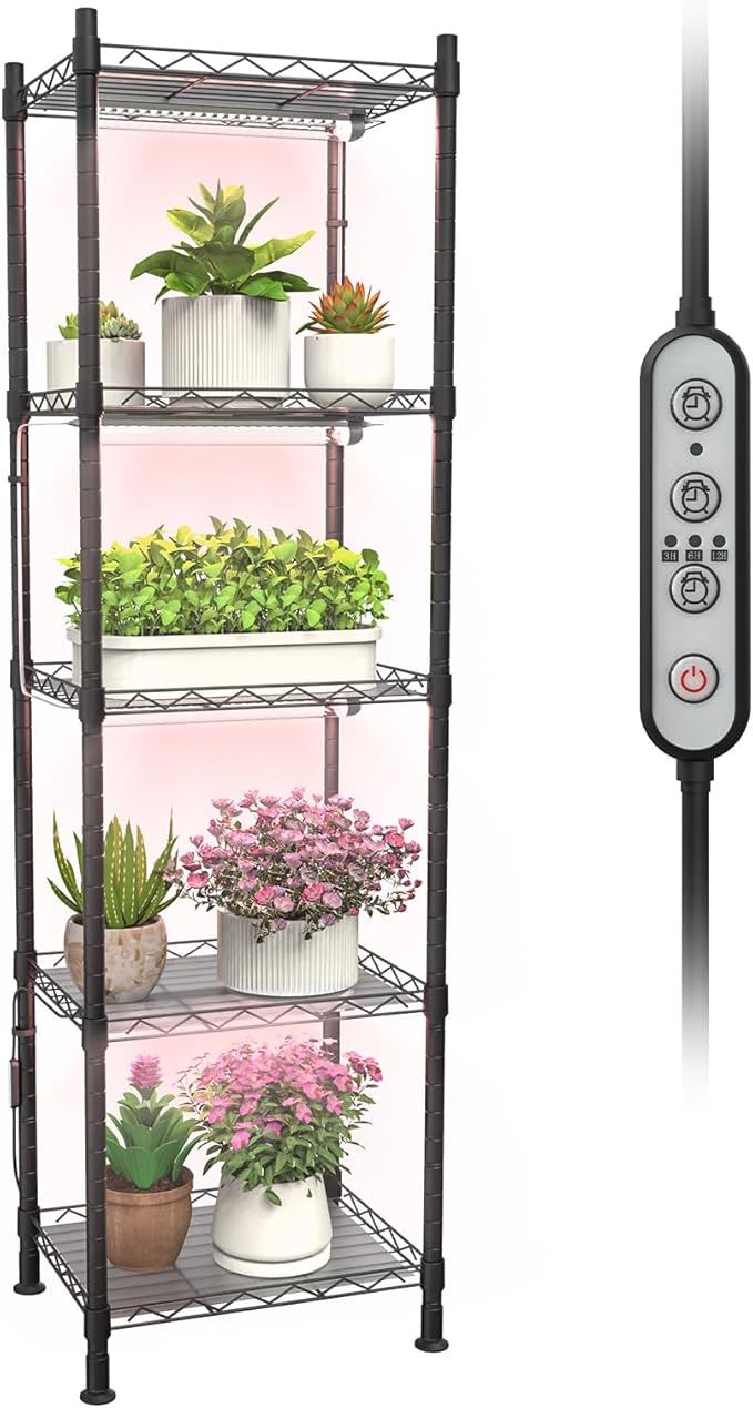 Plant Stand with Grow Lights, 5-Tier metal Plant Shelf with 4-Pack 40W Full Spectrum Grow Light, Auto Timer，Ladder Flower Pot Stand indoor 15.7" L x 11.8" W x 60.3" H