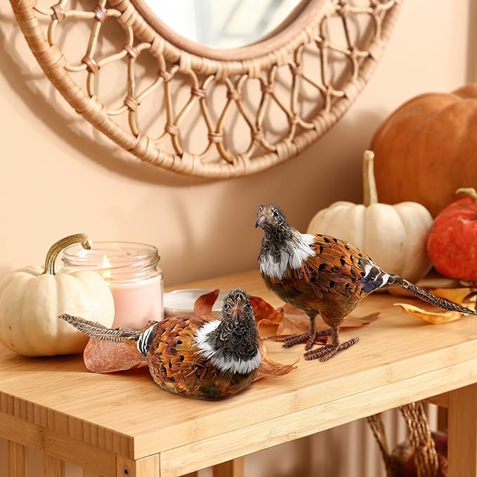 naturevibe Feathered Pheasant Decor Set of 2,Simulation Woodland Animals Figurines with Natural Pheasant Feathers as Fall Home Decor or Gifts for Autumn Harvest Festival