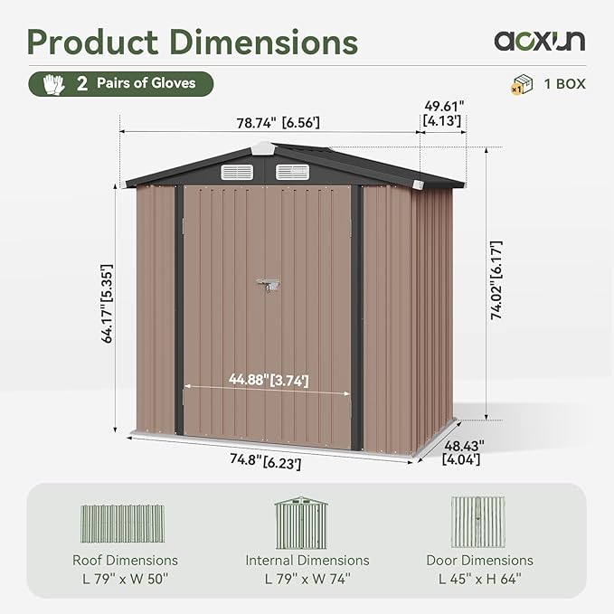 Aoxun 6x3.9 FT Shed with Base Metal Outdoor Storage Shed Garden Shed with Lockable Doors Tool Shed Bike Shed for Backyard, Patio, Poolside (Brown)