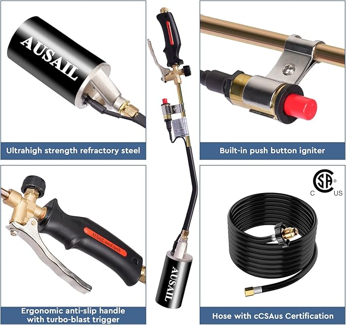 Propane Torch Weed Burner,Blow Torch,Heavy Duty,High Heat Output,Flamethrower with Turbo Trigger Push Button Igniter and 10 FT Hose for Roof Asphalt,Ice Snow,Road Marking,Charcoal(Black)