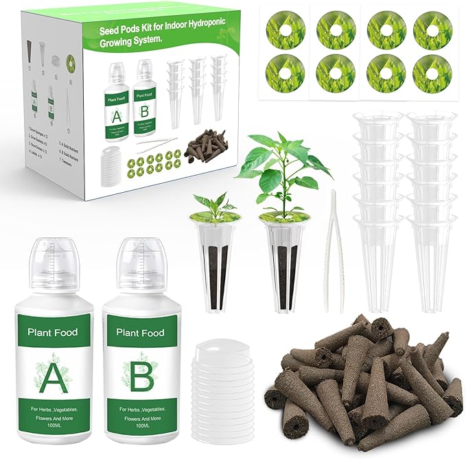 51Pcs Hydroponic Pods Kit：Supplies for Aerogarden Pods,12 Grow Sponges,12 Grow Baskets,12 Pod Labels,12 Grow Domes,with 200ml Plant Food Nutrient,1 Tweezers - Hydroponics Supplies for Most Brand