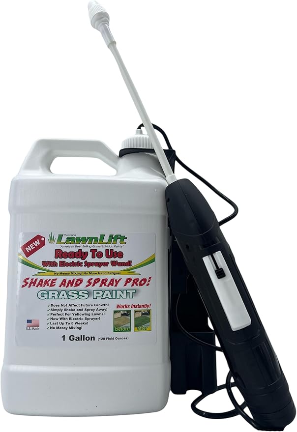 LawnLift 1-gallon ready to use grass paint, shake and spray pro with electric sprayer wand. No more messy mixing. Instantly transform your lawn.