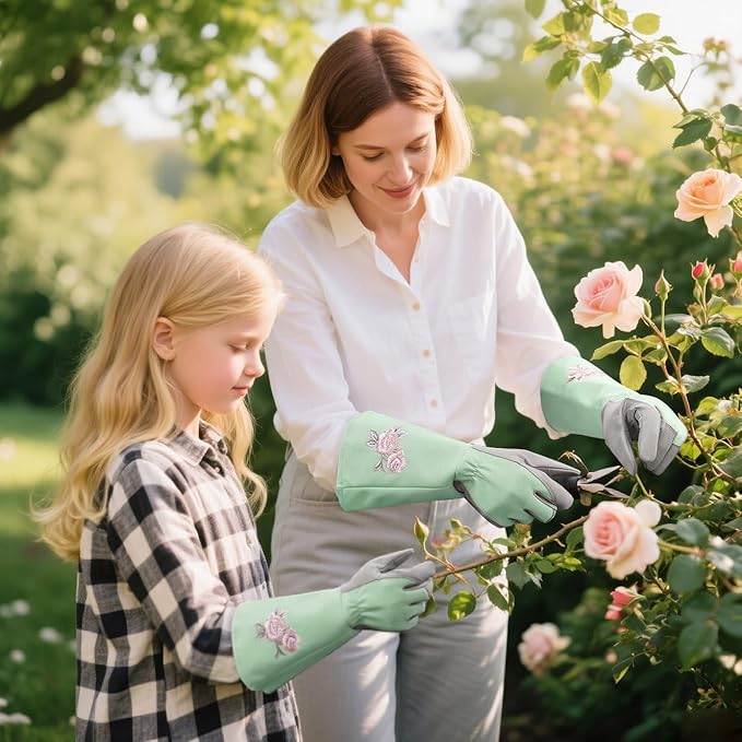Kids Garden Gloves with Thorn Resistant, Embroidery Children Gardening Gloves with Extra Long Forearm Protection(6-8)