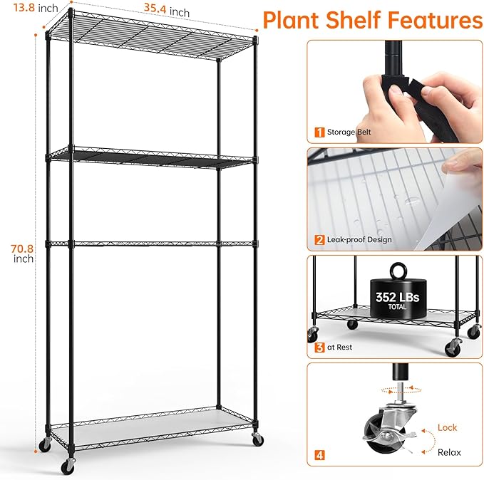 Plant Shelf with Grow Light with Timer, Tall Plant Stand with Adjustable Rack and Wheels, 6 Pack T5 3FT Full Spectrum Grow Lights for Indoor Plants, Seed Starting, Seed Tray, 35.4"x13.8"x70.8"