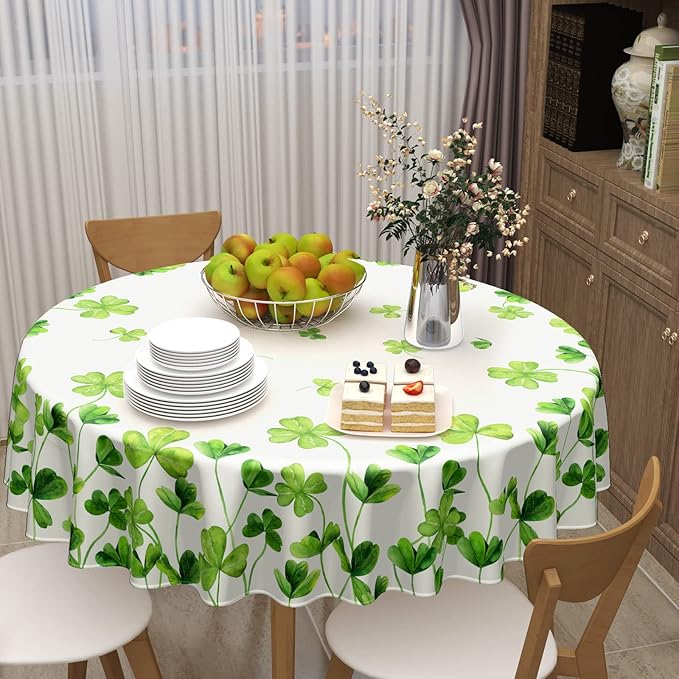 St. Patrick’s Day Round Tablecloth, Lucky Shamrock Table Cloth, Green and White Tablecloths, Four Leaf Clovers Waterproof Table Cover for Dinner Room Holiday Party Kitchen Decoration, 60 Inch