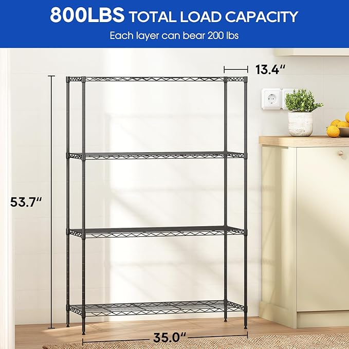 4-Tier Storage Shelves 35.4" L x 13.3" W x 53.7" H Metal Garage Shelves Standing Storage Shelf Adjustable Layer Racks with Steel Frame Suitable for Kitchen, Garage or Commercial Use (Black)