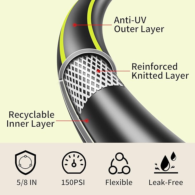 Rubber Garden Water Hose 25ft, 5/8" Leak Proof Garden Hose with Brass Connector, Flexible Hose Pipe for Lawn, Watering Cleaning & Washing