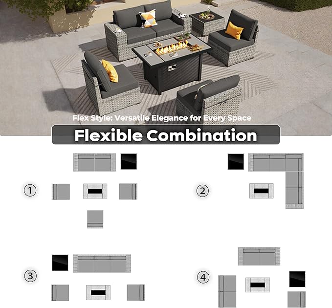 ovios 7 Pieces Patio Furniture Set, Outdoor Wicker Sectional Sofa with 42 Inch Fire Pit Table Comfy Cushions, Modern Modular Deep Seat Rattan Couch Conversation Set, Black