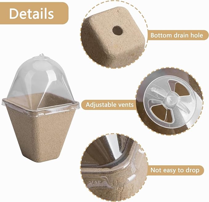 40 Pcs Square Biodegradable Seed Starter Pots with Humidity Dome - 3.1 Inch Square Planter for Outdoor Garden Vegetable Flower Germination