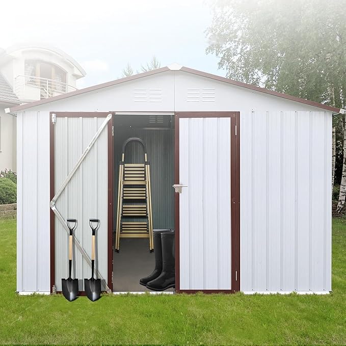 12x10FT Heavy-Duty Metal Storage Shed, Extra-Large Outdoor Shed with Apex Roof, Steel Vents & Hinged Door, Includes Free Padlock for Secure Tool & Equipment Storage (Easy Assembly)