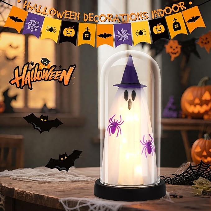 Halloween Decor-Halloween Decorations Indoor-Light Up Ghost in Glass Cloche-Cute Ghost with Light for Home Kitchen Mantel Tabletop Party Decor- Ghost-Purple
