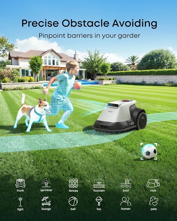 eufy E15 Robot Lawn Mower,Max 0.2 Acres,Wireless Robot Mower with Auto Mapping,Vision Navigation,Multi-Zone Management,Robotic Lawnmower with AI Obstacle Avoidance,APP Control,18°Slope,Cut Height1-3"