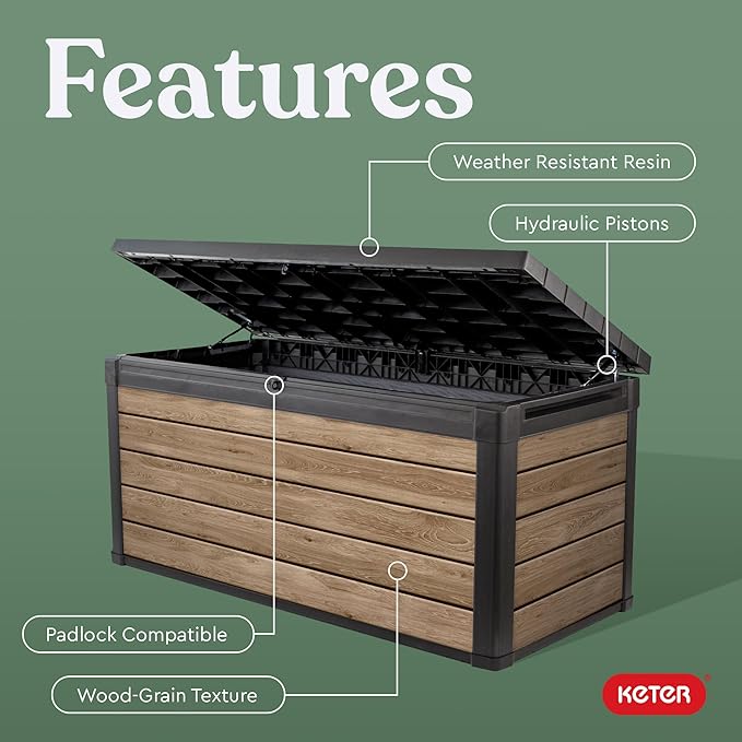 Keter Signature Collection 150 Gallon Resin Deck Box Organization and Storage Box for Patio Outdoor Cushions, Throw Pillows, Garden Tools and Pool Supplies, Ashwood