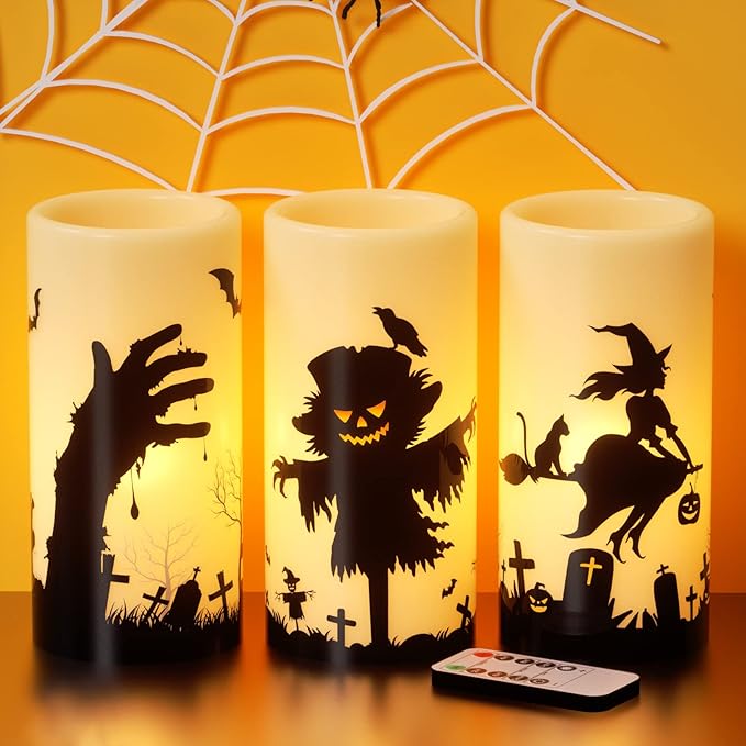DRomance Halloween LED Flameless Pillar Candles Battery Operated Remote and Timer Real Wax Yellow Light Flickering Scarecrow Witch Ghost Hand Decals Halloween Candles Decoration Gifts(3 x 6 Inches)