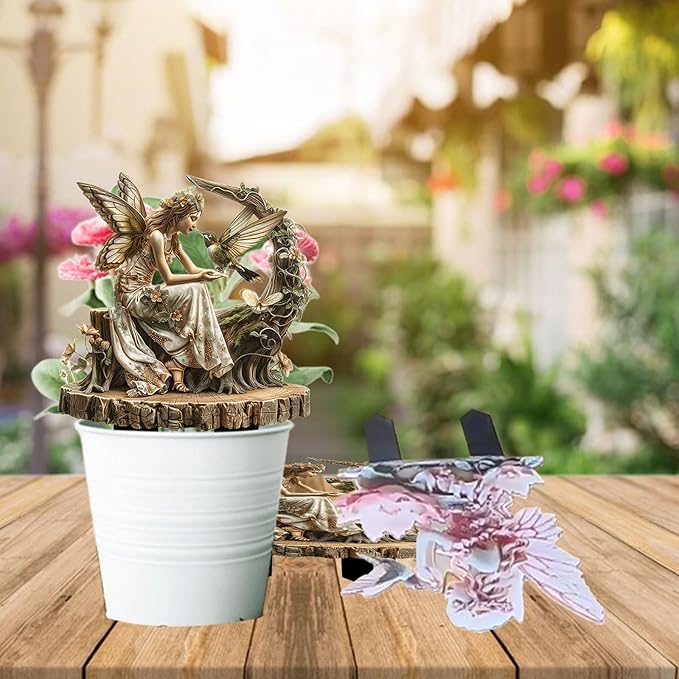 Fairy Garden Stake Decor, 2D Flat Acrylic Fairy Garden Decor Panel, Elf Yard Sign for Outdoor Indoor Yard Lawn Plants Pots, Fairy Garden Accessories (Flower Fairy with Hummingbird)