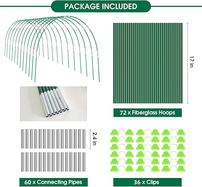 72pcs Garden Hoops for Raised Bed, 12 Sets of 8FT Long Greenhouse Hoops Grow Tunnel, Rust-Free Fiberglass Support Hoops Frame for Netting, DIY Plant Support Garden Stakes for Row Cover