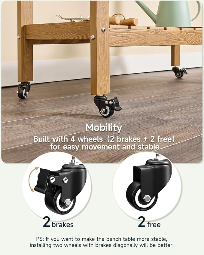 HDPS Outdoor Potting Bench with Sliding Tabletop/ 4 Wheels/Removable Sink, All-Weather Outside Garden Work Table, No Rust/Fade/Break, Potting Station for Porch, Patio & Backyard (Teak)