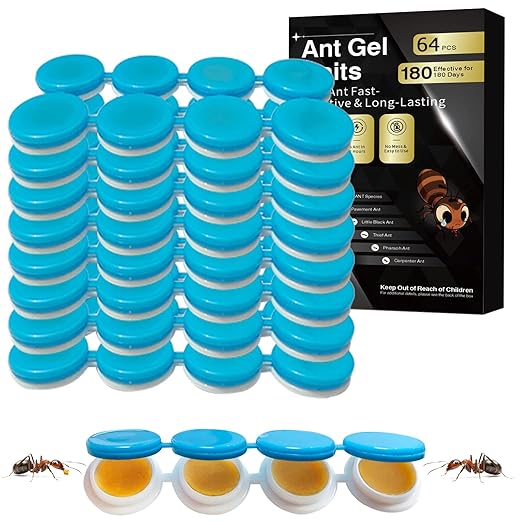 64 Pack Ant Killer Gel Bait, Long Lasting Indoor & Outdoor Ants Bait for Effective Ant Control, Safe & Easy to Use Pest Control for All Common Household Ants, Mess-Free Gel Stations