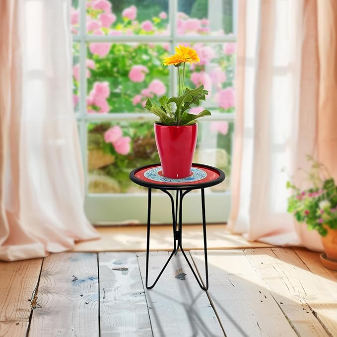 LIFFY Outdoor Side Tables, 12" Coffee Table Small Patio Table, Indoor Small Round Home Decorative End Table, Plant Stands Table Outside, for Yard Balcony Garden Bedside Pool Beach（Metal & Glass,Red）