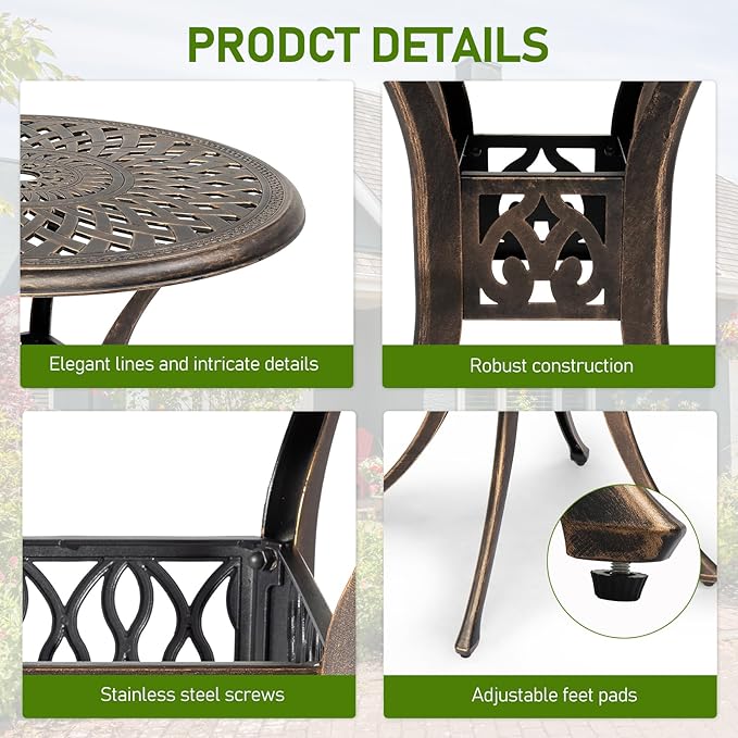 Outvita Patio Side Table, 30.7in Outdoor Round Cast Aluminum Bistro Table with Umbrella Hole and Antique Design for Backyard Porch Pool Balcony Deck Bronze