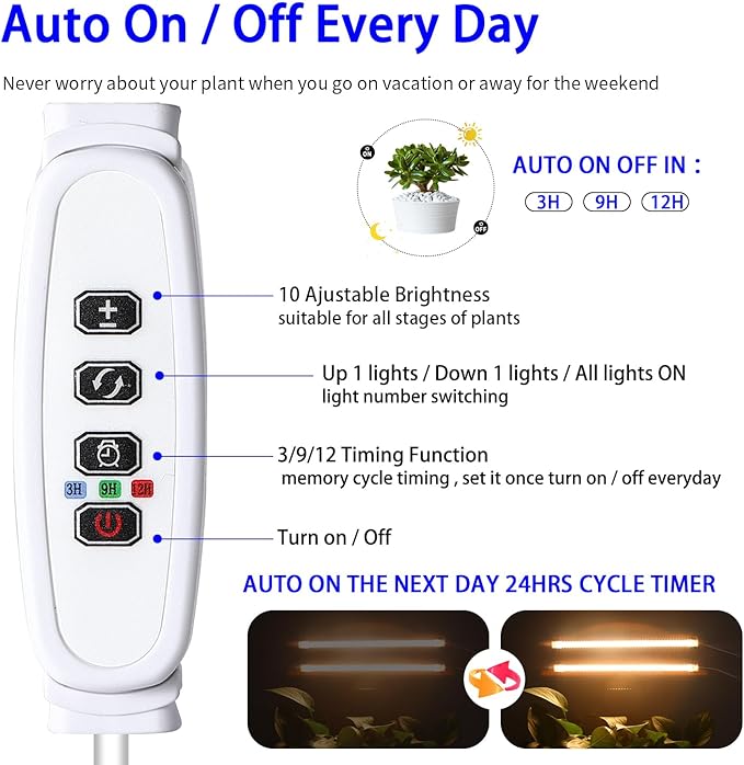 13 Inches Strip Growing Lamp for Indoor Plants, 3500K Full Spectrum LED Grow Light Strips with Auto ON/Off, 3/9/12H Timer & 10 Dimmable Levels for Green House Succulent (2 Head×3 Pack)