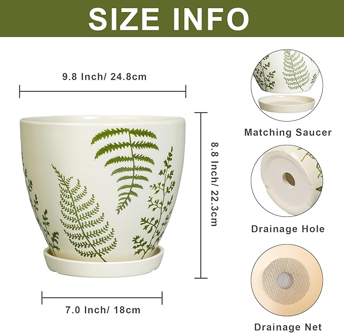 Ceramic Planter - 10 Inch Plant Pot for Outdoor Flowers with Drainage Hole and Saucer, Boho Round Decorative Indoor Flower Pot, Gifts for Plants Lovers, Home Patio Garden Room Decor, White
