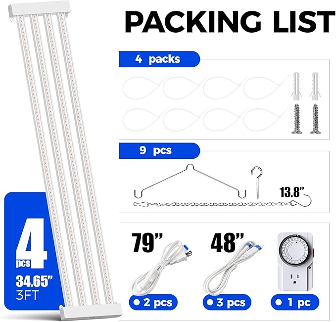 Barrina TX-L63 3FT LED Grow Light, 252W (4 x 63W), 4 Panel Wider Coverage, Full Spectrum, High PPFD, Mechanical Timer, Linkable, Hanging Light, Plant Stand with Grow Light for Indoor, Seeding, 4 Packs
