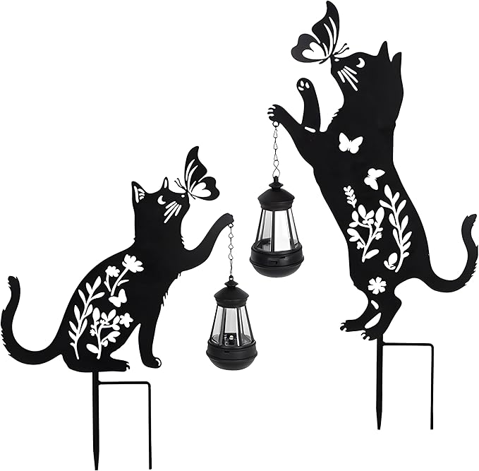 Solar-Powered Black 2-Pack Cats Garden Decor Stakes - Metal Silhouette Figurine for Outdoor Yard, Lawn, and Patio Decoration